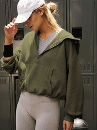 Half Zip Pocketed Dropped Shoulder Hoodie Trandify deal