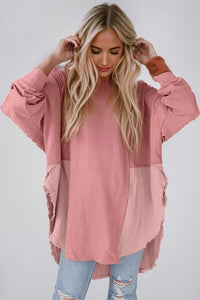 Contrast Texture Round Neck Long Sleeve Blouse Trandify deal