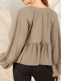Notched Balloon Sleeve Peplum Blouse Trandify deal