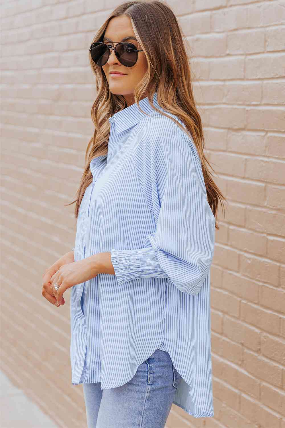Striped Lantern Sleeve Collared Shirt Trandify deal