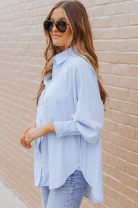 Striped Lantern Sleeve Collared Shirt Trandify deal