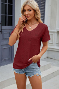 Eyelet V-Neck Short Sleeve T-Shirt Trandify deal