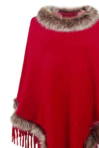 Faux Fur Trim Fringed Poncho Trandify deal