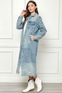 Veveret Full Size Distressed Raw Hem Pearl Detail Button Up Jacket Trandify deal
