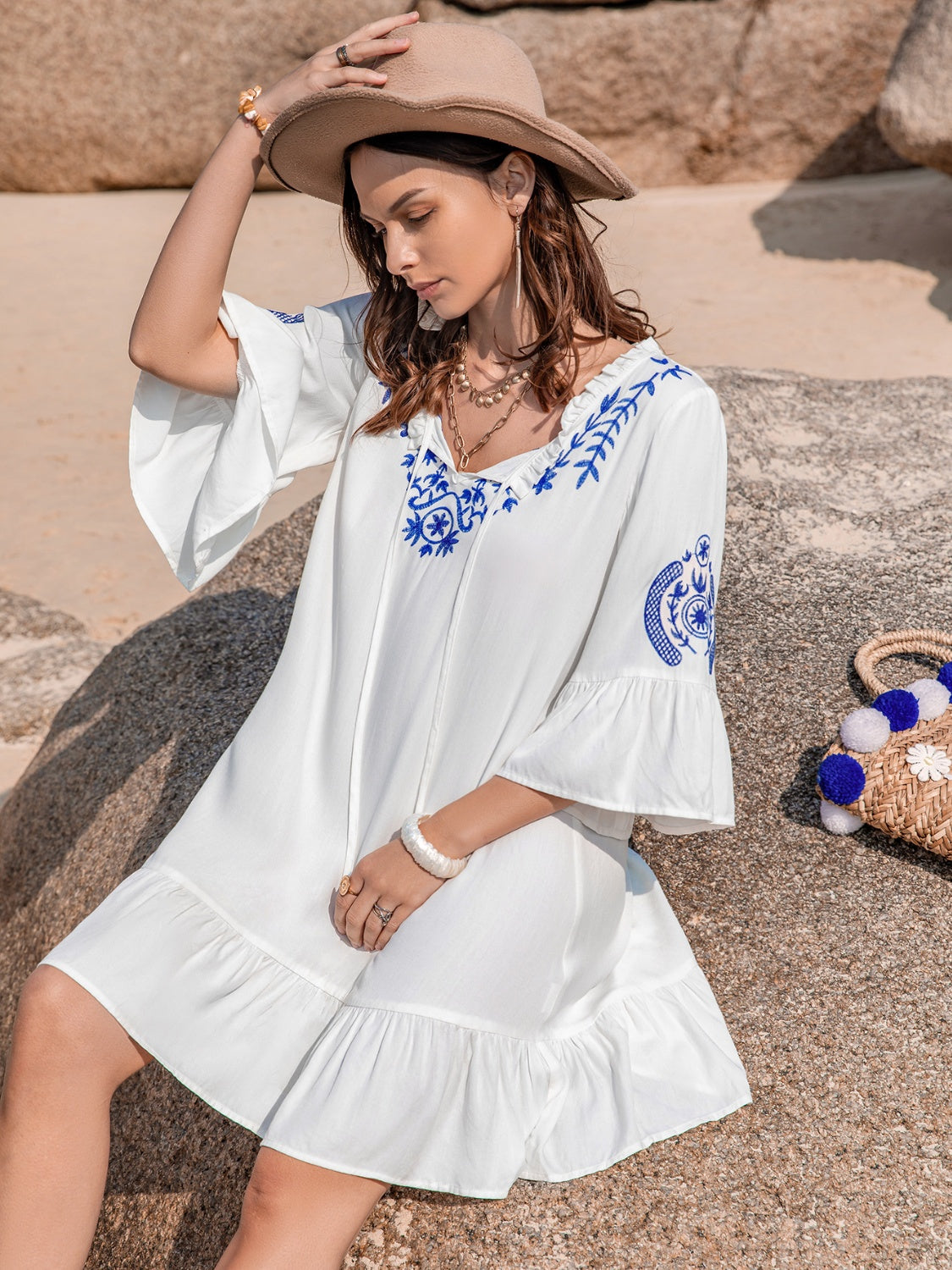 Printed Tie Neck Flounce Sleeve Mini Dress Trandify deal