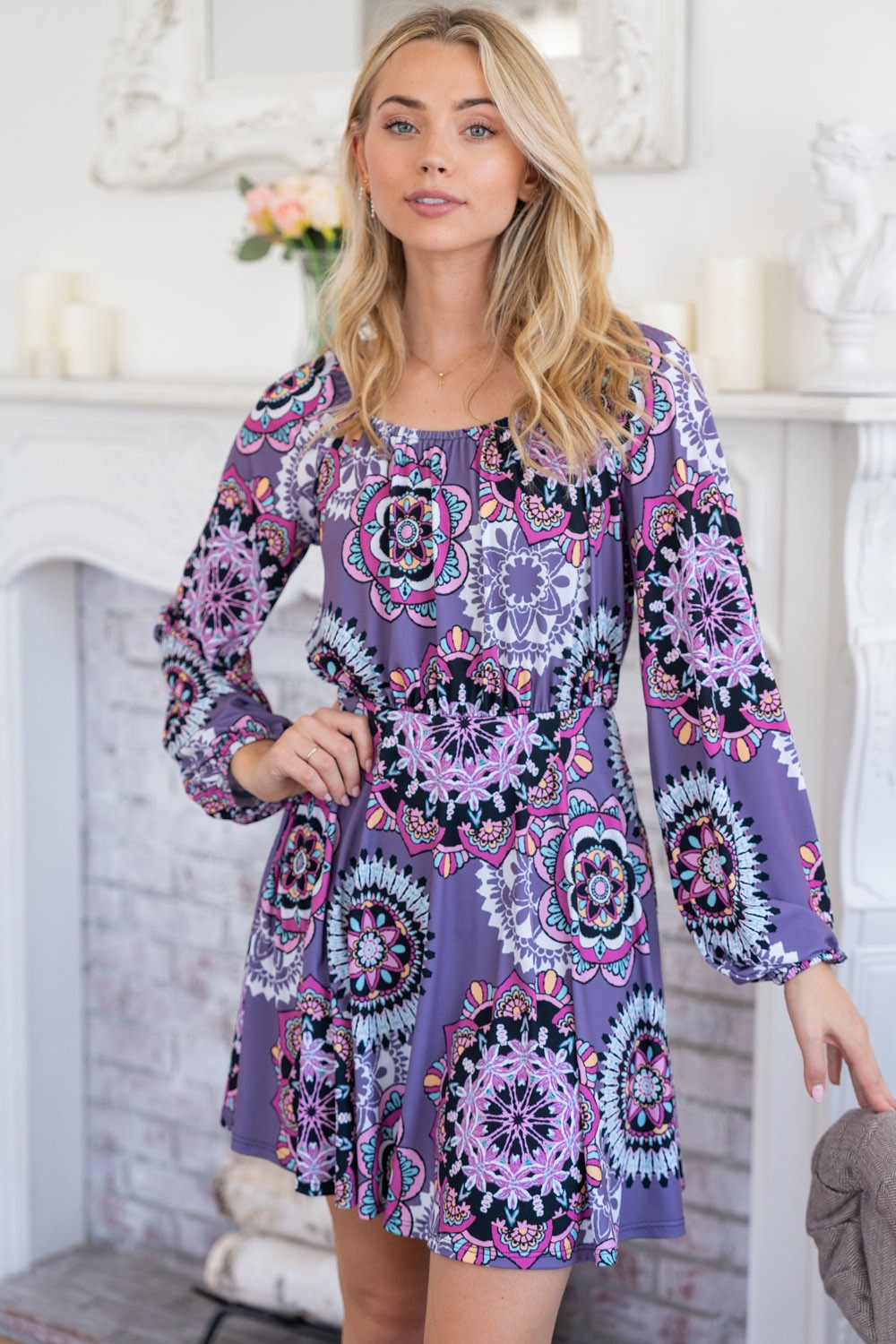 White Birch Printed Long Sleeve Mini Dress with Short Liner Trandify deal