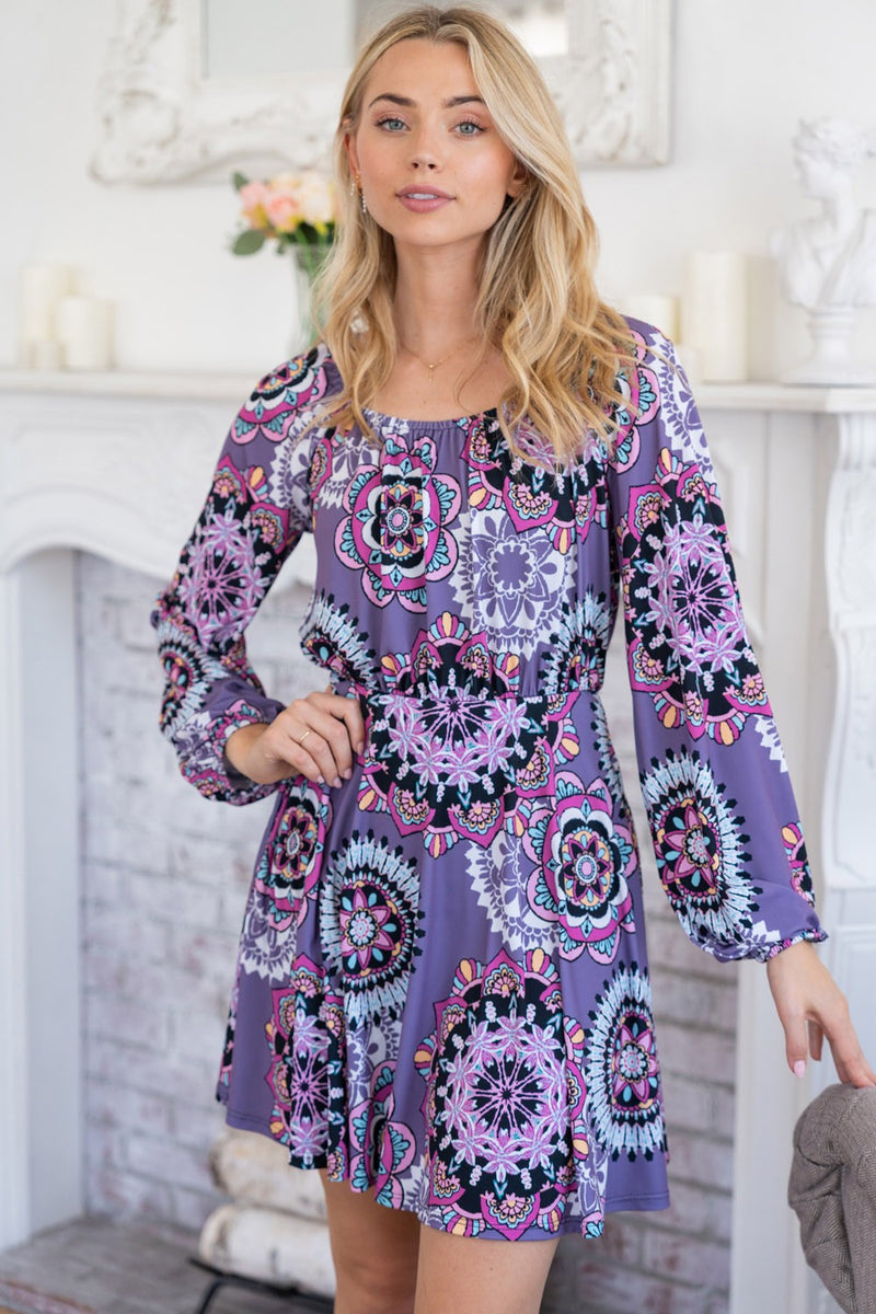 White Birch Printed Long Sleeve Mini Dress with Short Liner Trandify deal