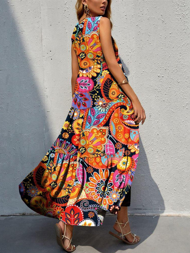 FAM-FAM Tiered Printed V-Neck Sleeveless Dress Trandify deal
