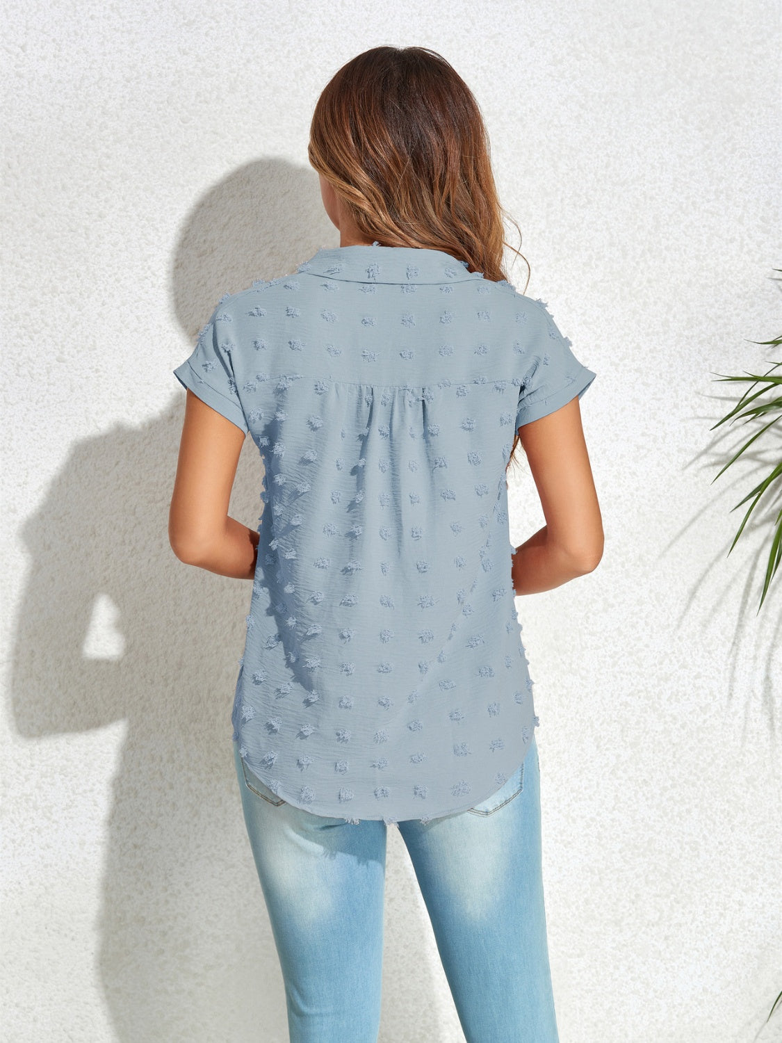 Swiss Dot Button Up Cap Sleeve Shirt Trandify deal