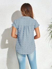 Swiss Dot Button Up Cap Sleeve Shirt Trandify deal