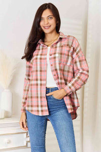 Double Take Plaid Collared Neck Long Sleeve Button-Up Shirt Trandify deal