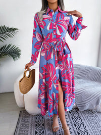 Tied Button Up Long Sleeve Dress Trendsi
