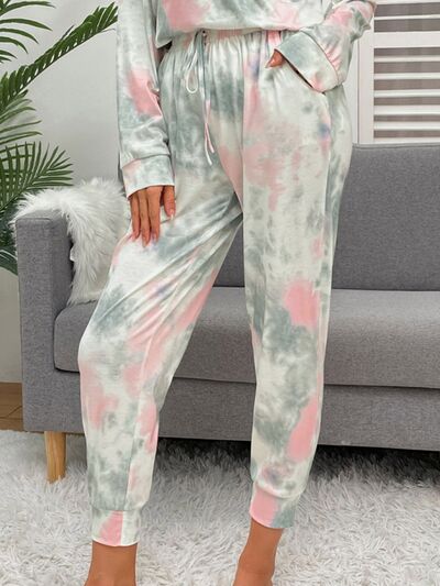 Tie-Dye Round Neck Top and Drawstring Pants Lounge Set Trandify deal