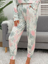 Tie-Dye Round Neck Top and Drawstring Pants Lounge Set Trandify deal