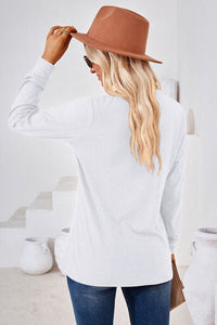 Notched Button Detail Long Sleeve T-Shirt Trandify deal