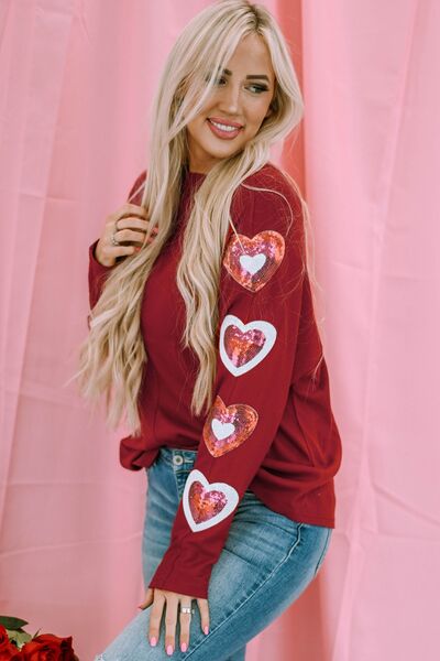 Heart Sequin Round Neck Long Sleeve T-Shirt Trandify deal