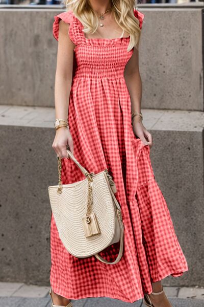 Full Size Smocked Ruffled Plaid Ruffle Hem Dress Trandify deal