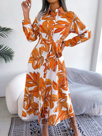 Tied Button Up Long Sleeve Dress Trendsi