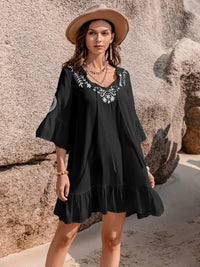 Printed Tie Neck Flounce Sleeve Mini Dress Trandify deal