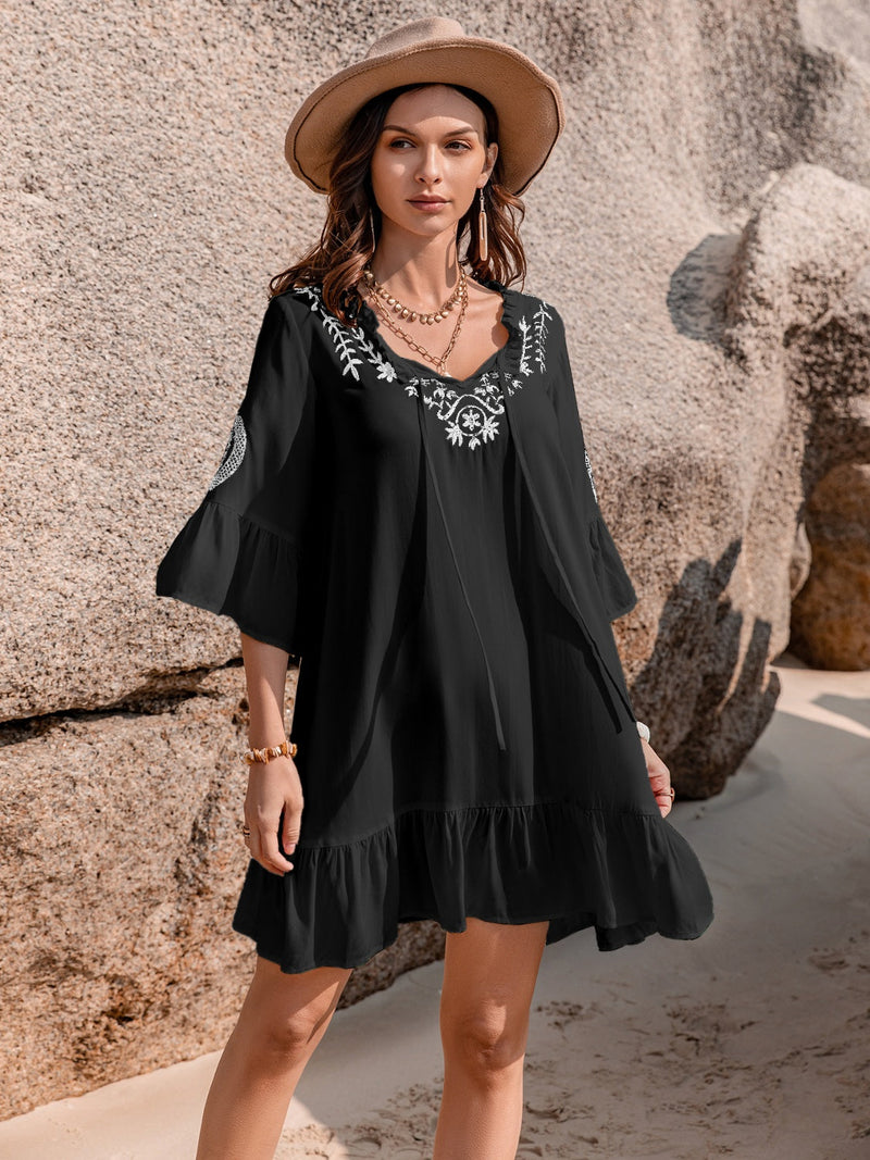 Printed Tie Neck Flounce Sleeve Mini Dress Trandify deal