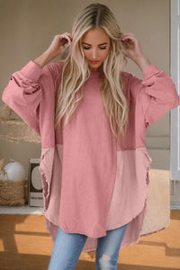 Contrast Texture Round Neck Long Sleeve Blouse Trandify deal