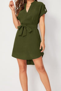 Tied Notched Short Sleeve Dress Trandify deal