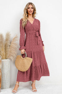 Swiss Dot Tied Surplice Flounce Sleeve Dress Trandify deal