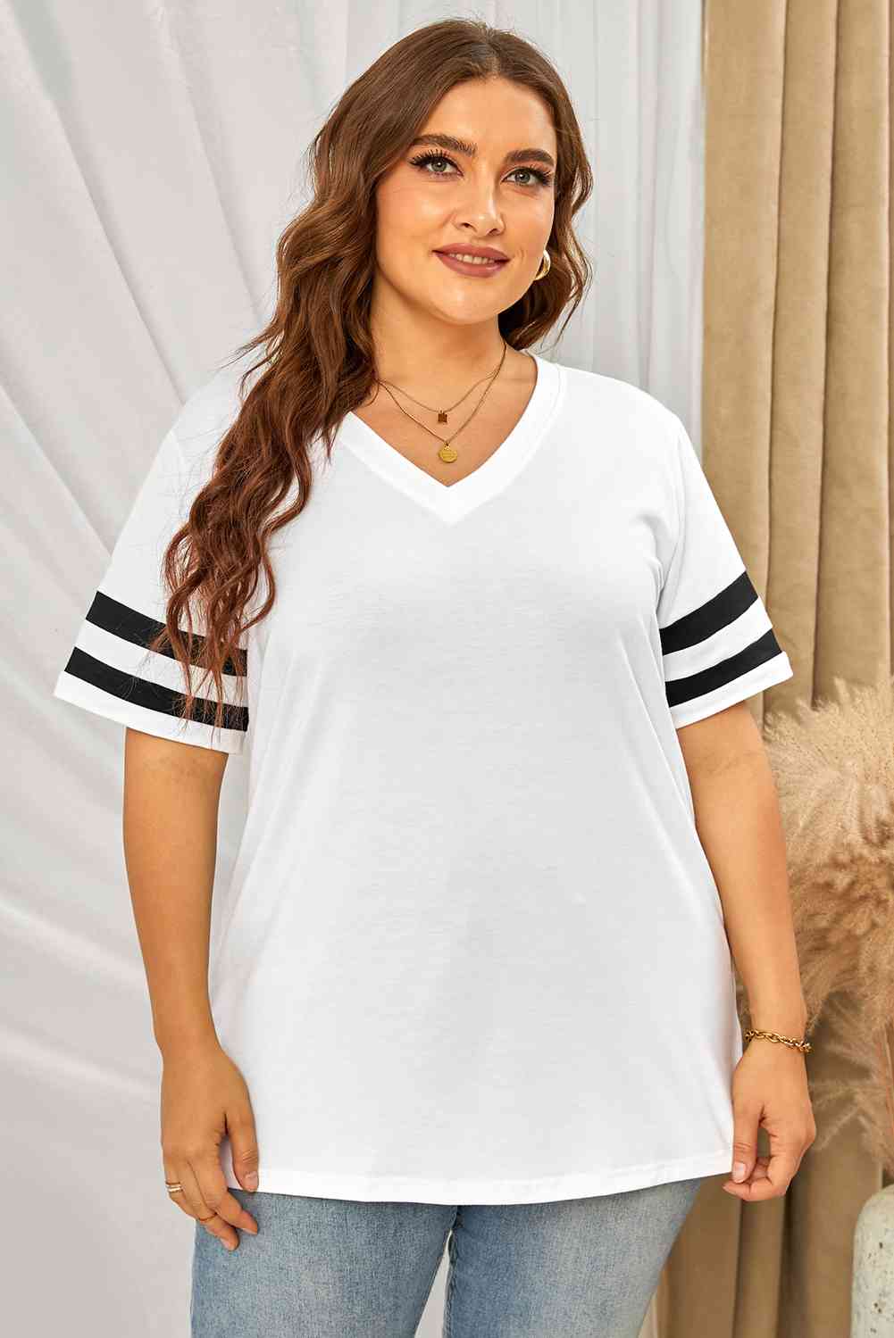 Plus Size Striped V-Neck Tee Shirt Trandify deal