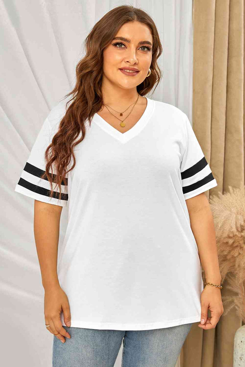 Plus Size Striped V-Neck Tee Shirt Trandify deal