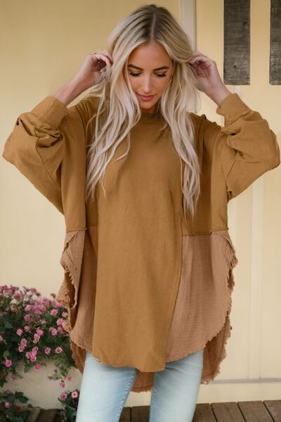 Contrast Texture Round Neck Long Sleeve Blouse Trandify deal