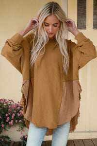 Contrast Texture Round Neck Long Sleeve Blouse Trandify deal