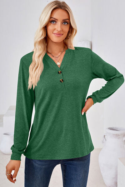 Notched Button Detail Long Sleeve T-Shirt Trandify deal