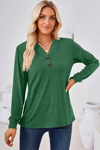 Notched Button Detail Long Sleeve T-Shirt Trandify deal