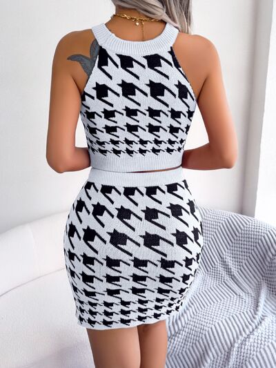 Houndstooth Sleeveless Top and Skirt Sweater Set Trandify deal