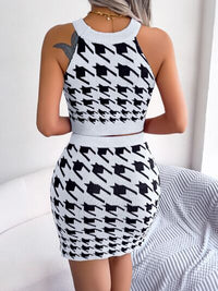 Houndstooth Sleeveless Top and Skirt Sweater Set Trandify deal