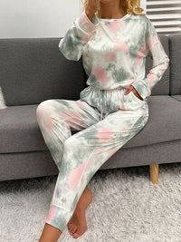 Tie-Dye Round Neck Top and Drawstring Pants Lounge Set Trandify deal