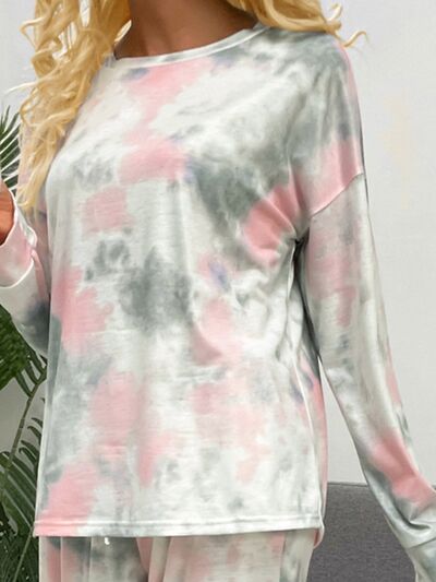 Tie-Dye Round Neck Top and Drawstring Pants Lounge Set Trandify deal