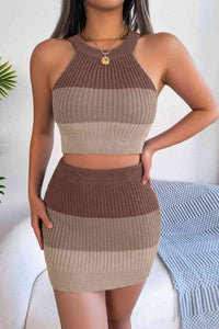 Color Block Sleeveless Crop Knit Top and Skirt Set Trandify deal
