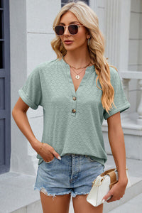 Eyelet Notched Short Sleeve T-Shirt Trandify deal