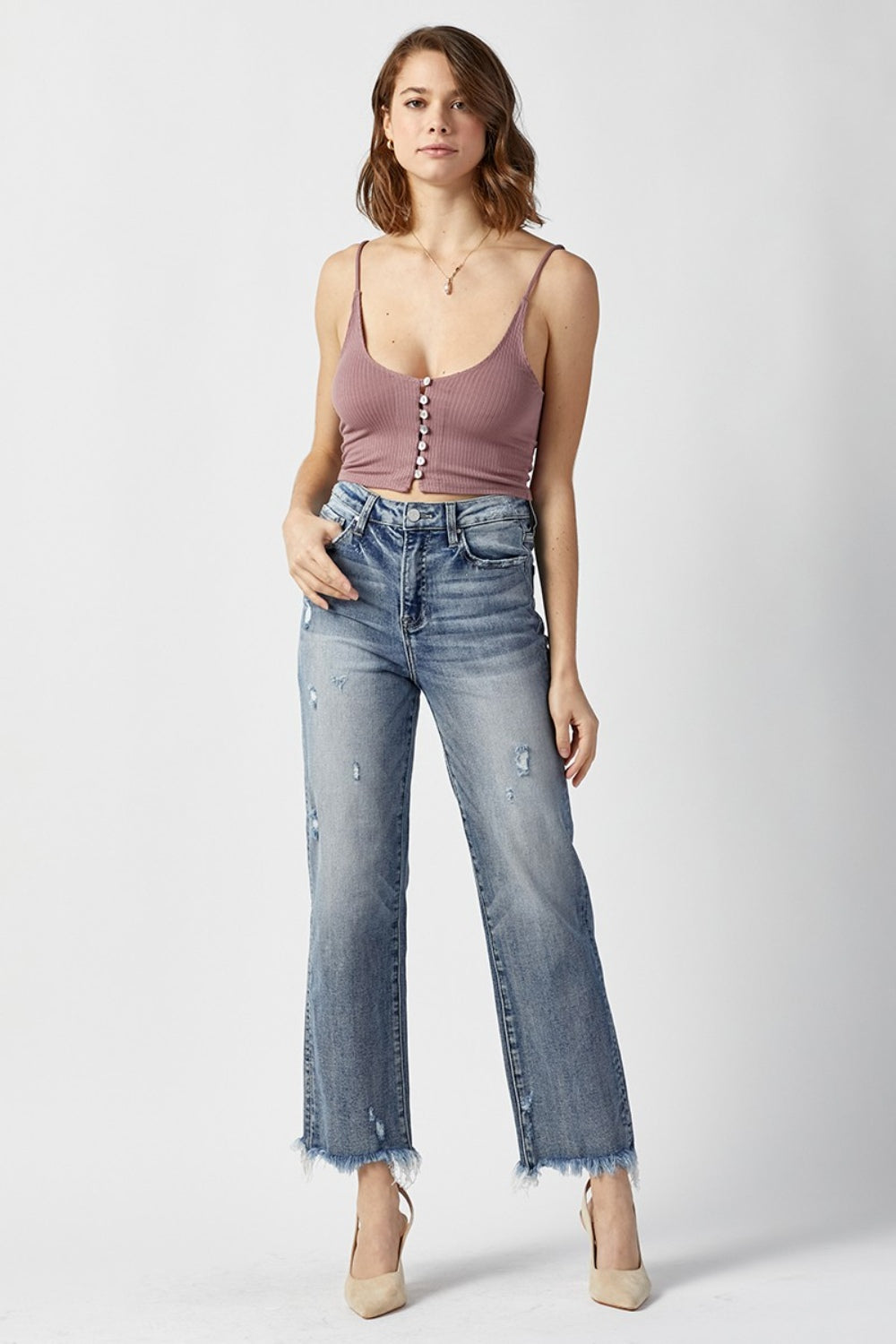 RISEN High Waist Raw Hem Straight Jeans Trandify deal