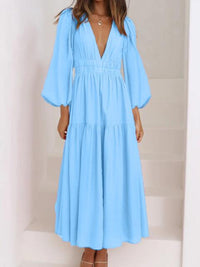 Deep V-Neck Balloon Sleeve Plain Maxi Dress Trandify deal