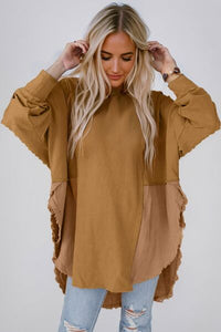Contrast Texture Round Neck Long Sleeve Blouse Trandify deal