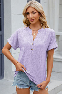 Eyelet Notched Short Sleeve T-Shirt Trandify deal