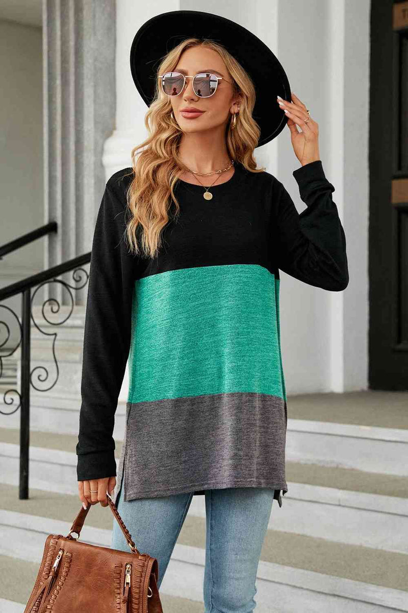 Color Block Round Neck Long Sleeve Slit T-Shirt Trandify deal