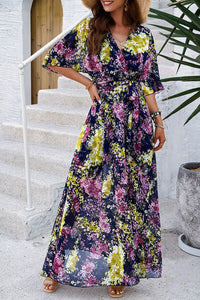 Devine Printed Tied Half Sleeve Slit Dress Trandify deal