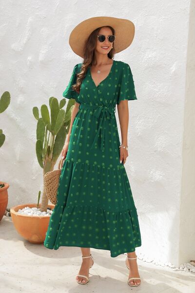 Swiss Dot Tied Surplice Short Sleeve Dress Trandify deal