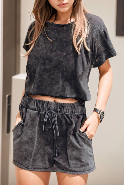 Heathered Round Neck Top and Shorts Lounge Set Trandify deal