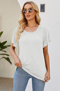 Smocked Round Neck Flutter Sleeve T-Shirt Trandify deal