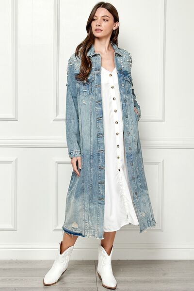 Veveret Full Size Distressed Raw Hem Pearl Detail Button Up Jacket Trandify deal