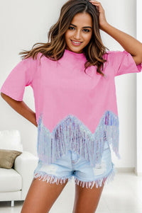 Fringe Round Neck Short Sleeve T-Shirt Trandify deal